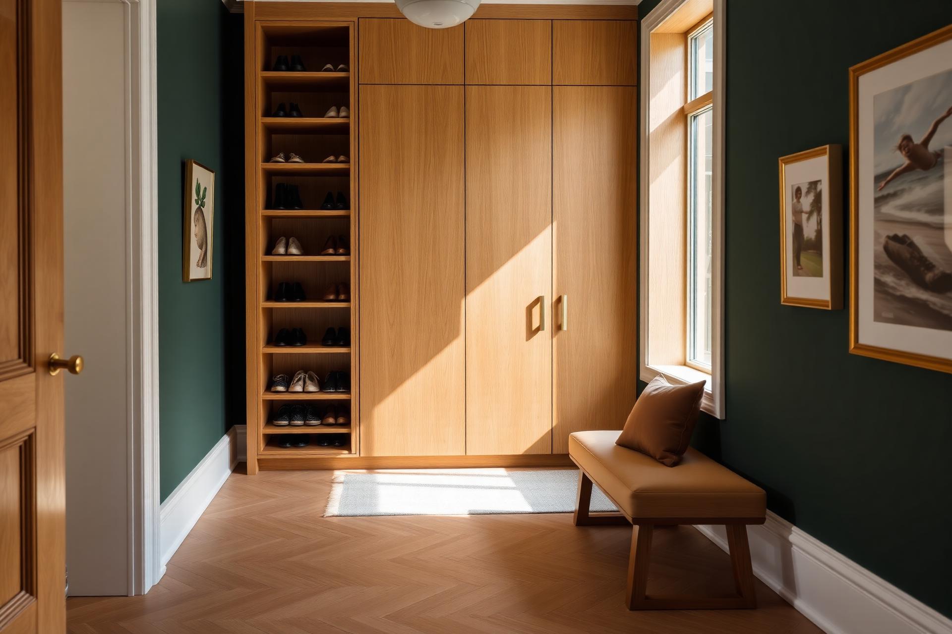 Custom oak shoe cabinet built into a sunlit entryway